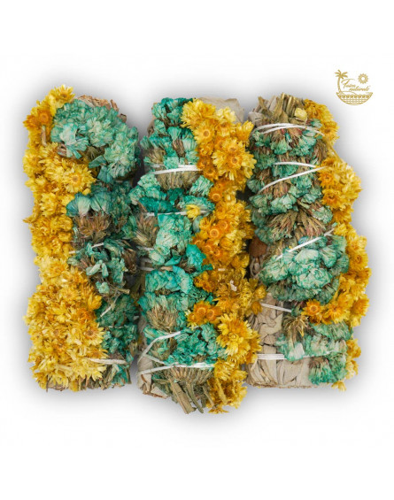 Fleur sinuata turquoise et jaune avec bouquets de sauge blanche